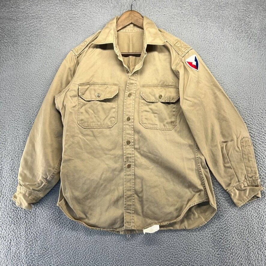 Vintage WW2 Shirt Men's Large Brown Military Pockets Patch Field Button Up 40s