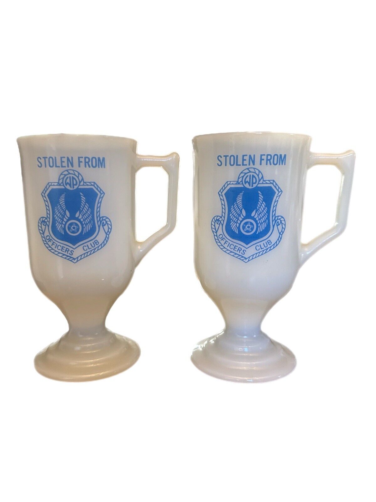 Rare Vintage Milk Glass 1960s/70s Humor WP AFB Officer’s Club Pedestal Mug Set