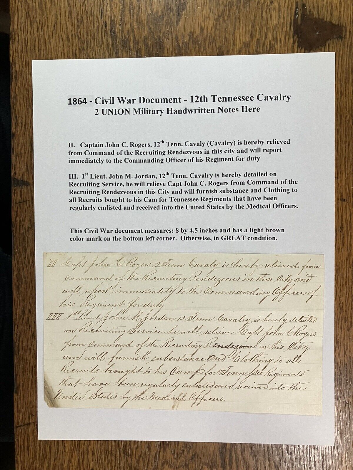 1864 - Civil War Document - 12th Tennessee Cavalry - 2 UNION Military Notes
