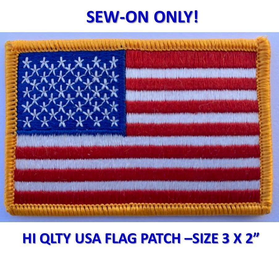 SEW-ON ONLY - USA AMERICAN FLAG EMBROIDERED PATCH GOLD BORDER (3 x 2”) - HI QLTY