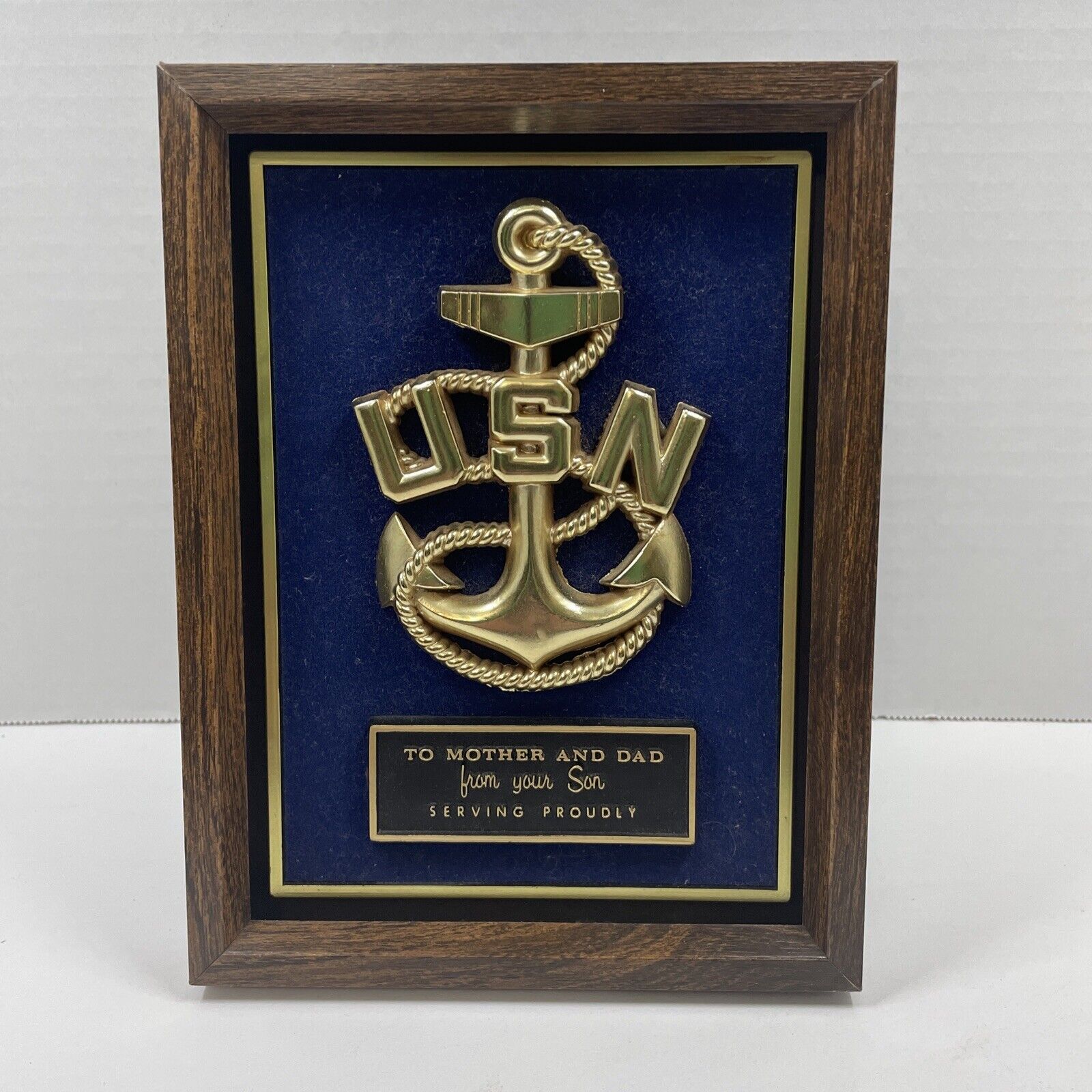 US Navy Military Brass Anchor Plaque On Velvet Covered Wood Board Vintage 8.5