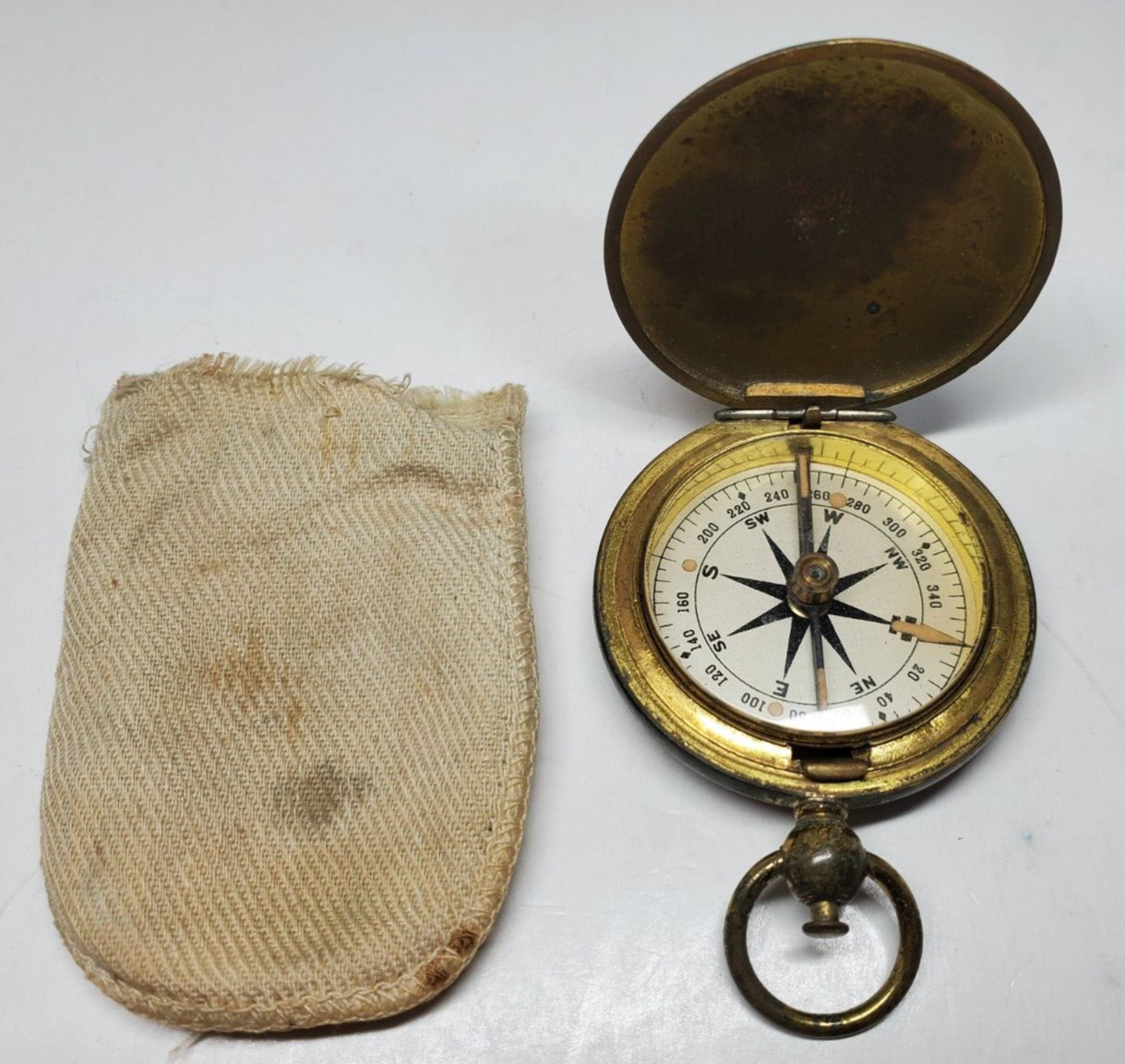 Vintage WWII Era U.S. Military Army Brass Pocket Compass & Original Bag