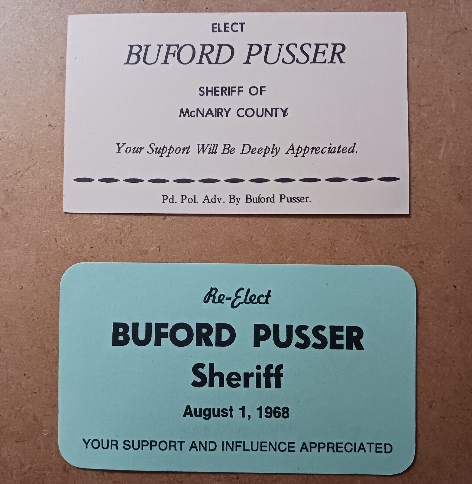 BUFORD PUSSER ELECTION  CAMPAIGN CARDS  1964 AND 1968 