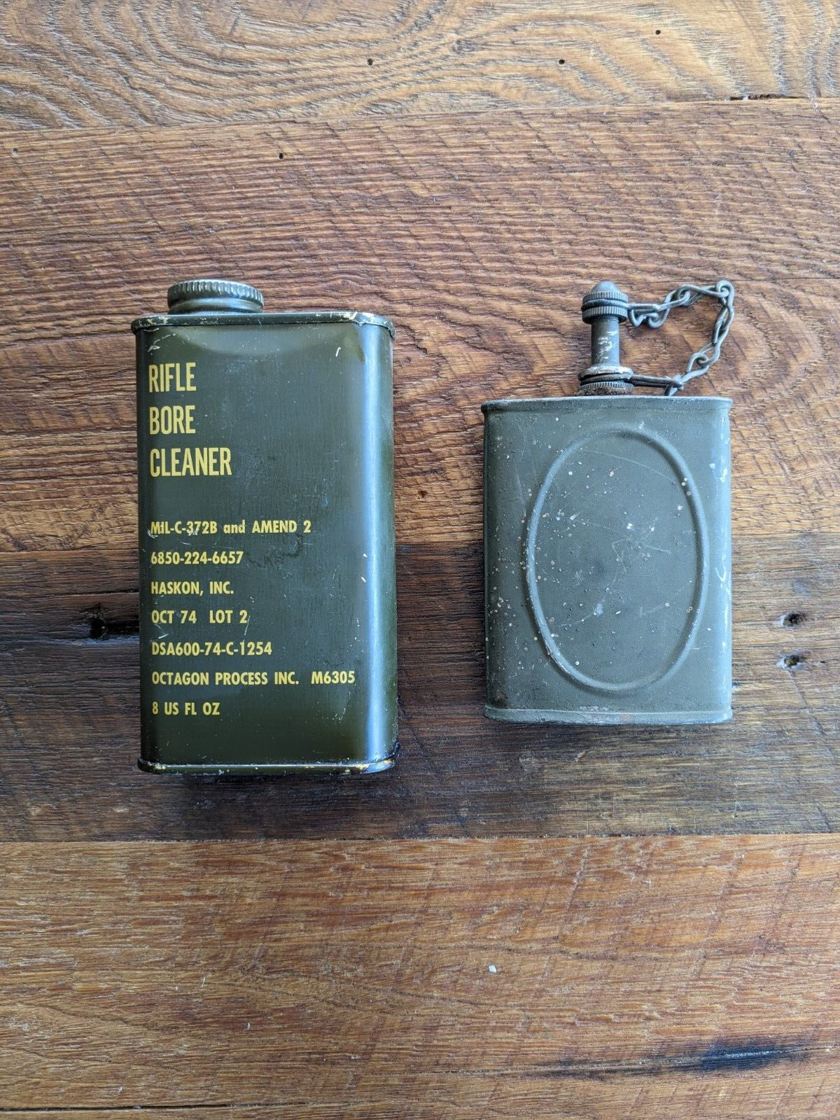 WWII US MILITARY GUN OILER METAL FLASK OIL CAN and RIFLE BORE CLEANER CAN
