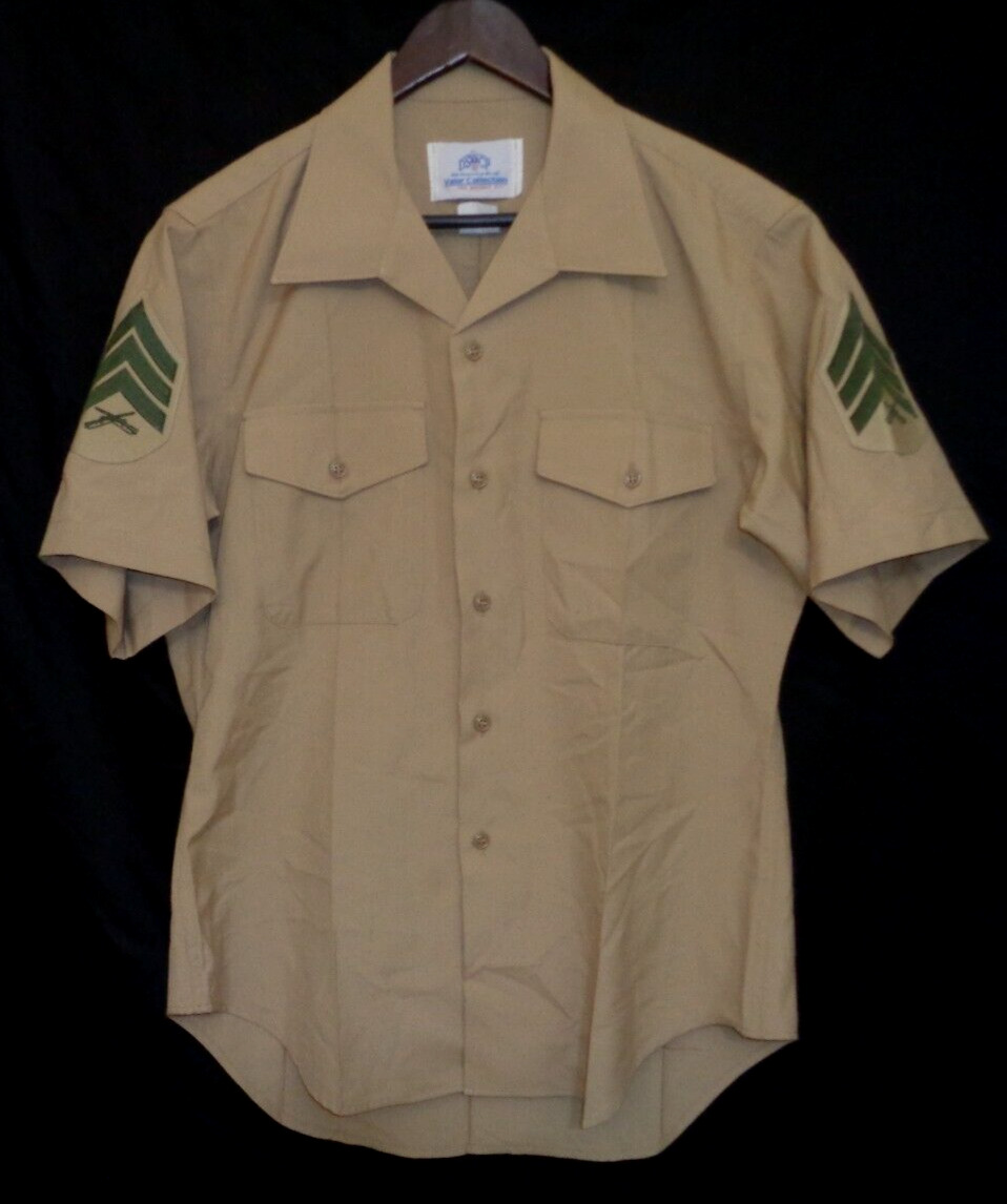 USMC Military Khaki Tan Short Sleeve 15 1/2 Mens Button Down Shirt Wool/Poly