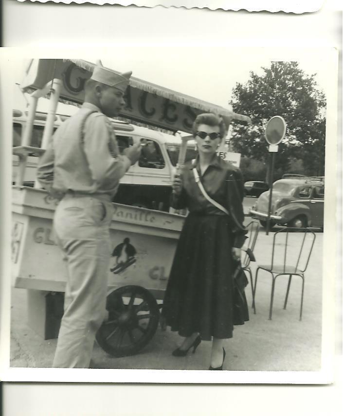 US Army soldier military photo Lady enjoying ice cream from cart Glaces France