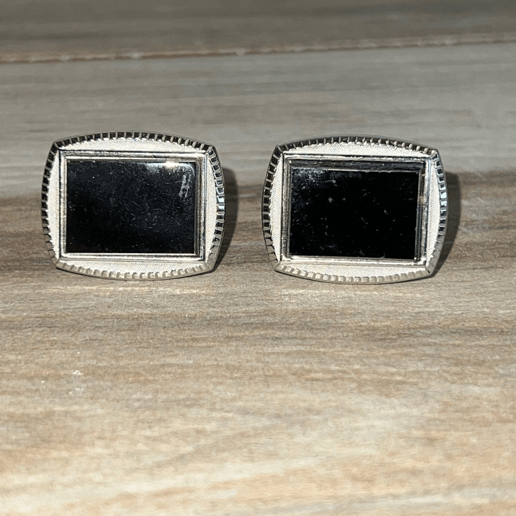 Vintage Cufflinks with Black Onyx Style Inlay Men’s Silver Tone Classic Signed