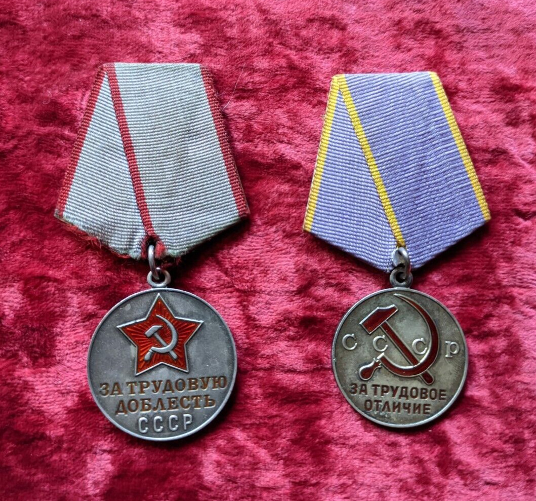 USSR Medal Enamel Hammer & Sickle Soviet Propaganda Sterling Silver Labor  2 pcs