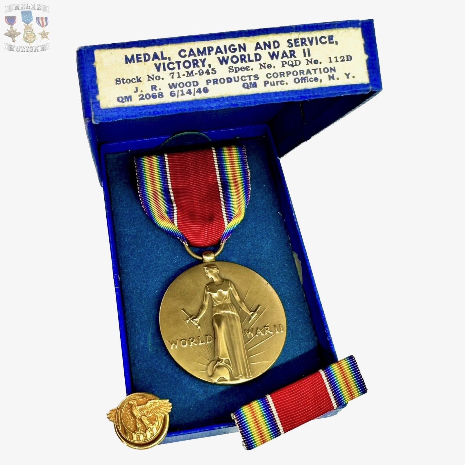 WW2 U.S. VICTORY MEDAL RIBBON BAR HONORABLE DISCHARGE LAPEL PIN 1946 JR WOOD BOX