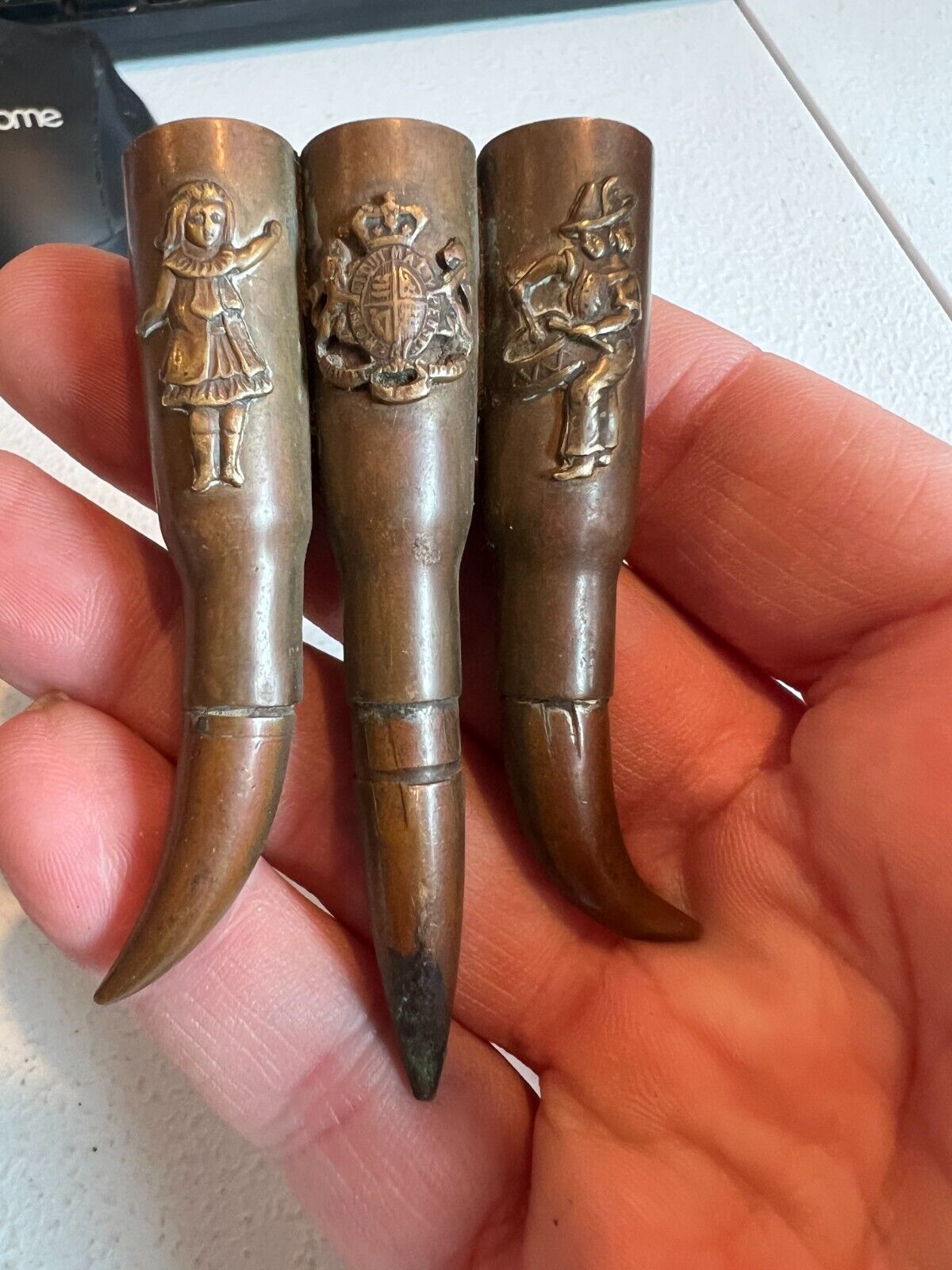 Trench Art WW1 French? Triple Bullet Design with Figures , BRASS, Nice