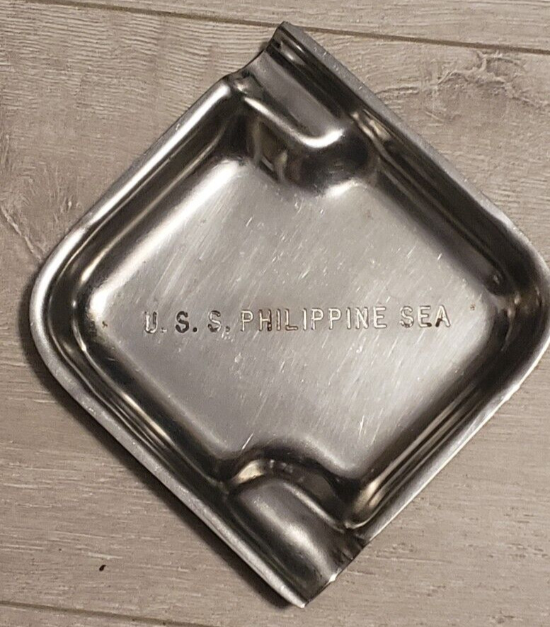 USS Philippine Sea Aircraft Carrier CV-47 Stainless Ashtray US Rare Vintage
