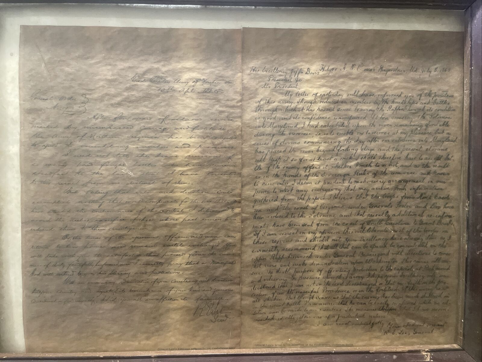 Robert E. Lee Letters To Confederate Army & Jefferson Davis  (Replicas) Framed