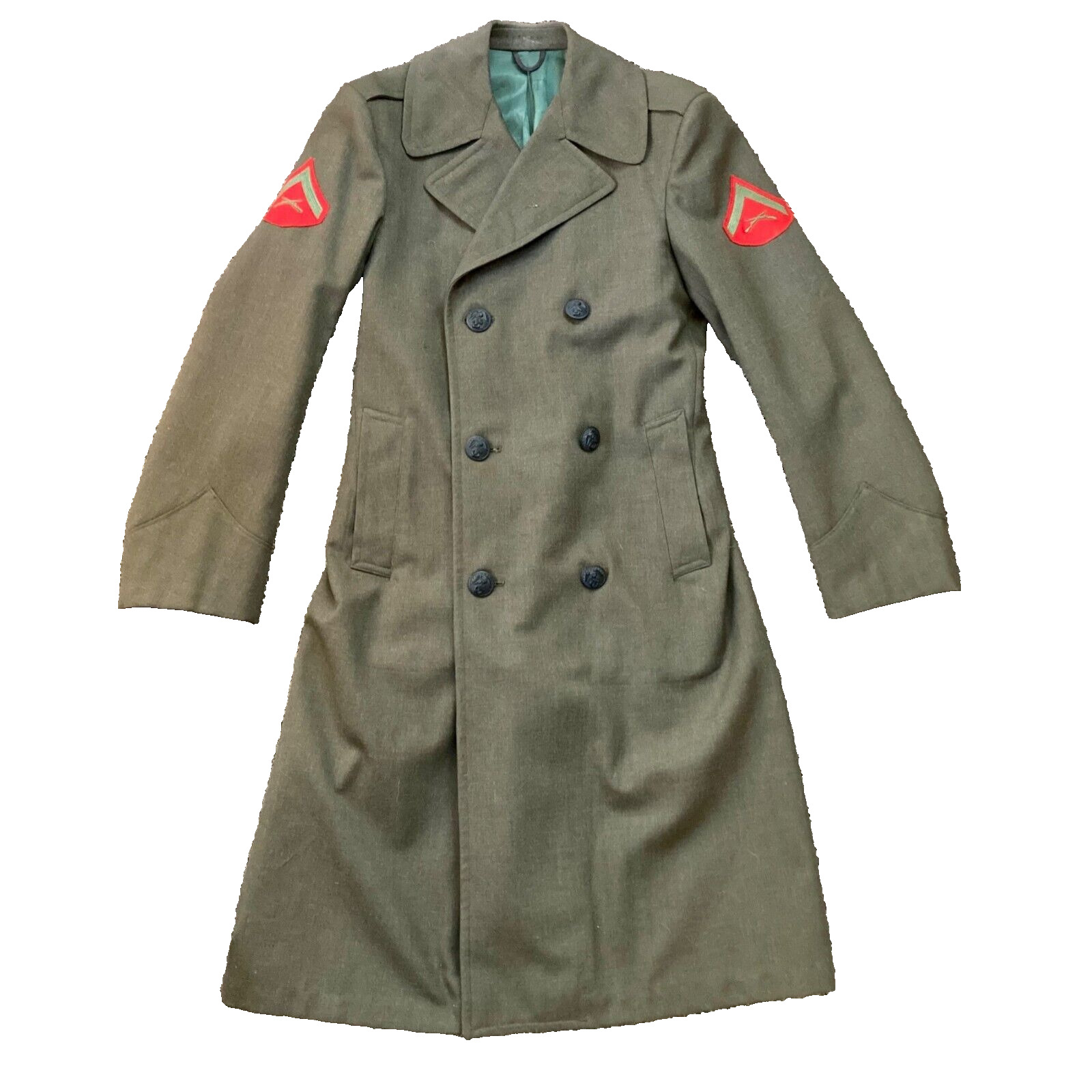Vintage USMC Overcoat Man\'s Wool OD Green Dress Uniform w/Rank Trench Coat