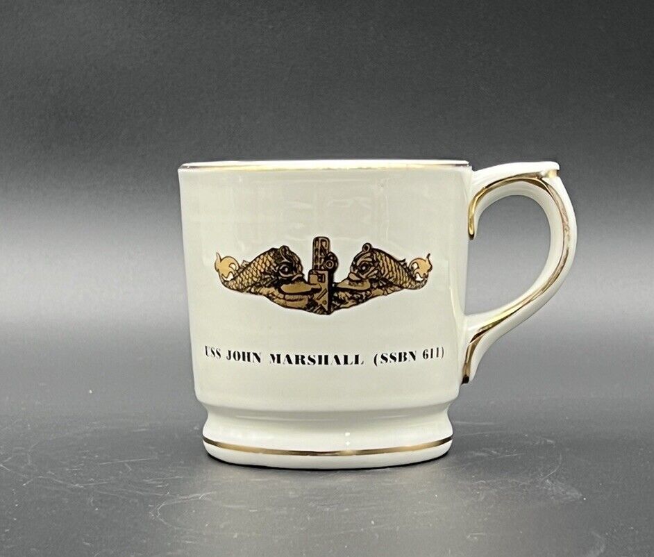 Vintage USS John Marshall (SSBN 611) Heavy Coffee Mug Gold Trim USA