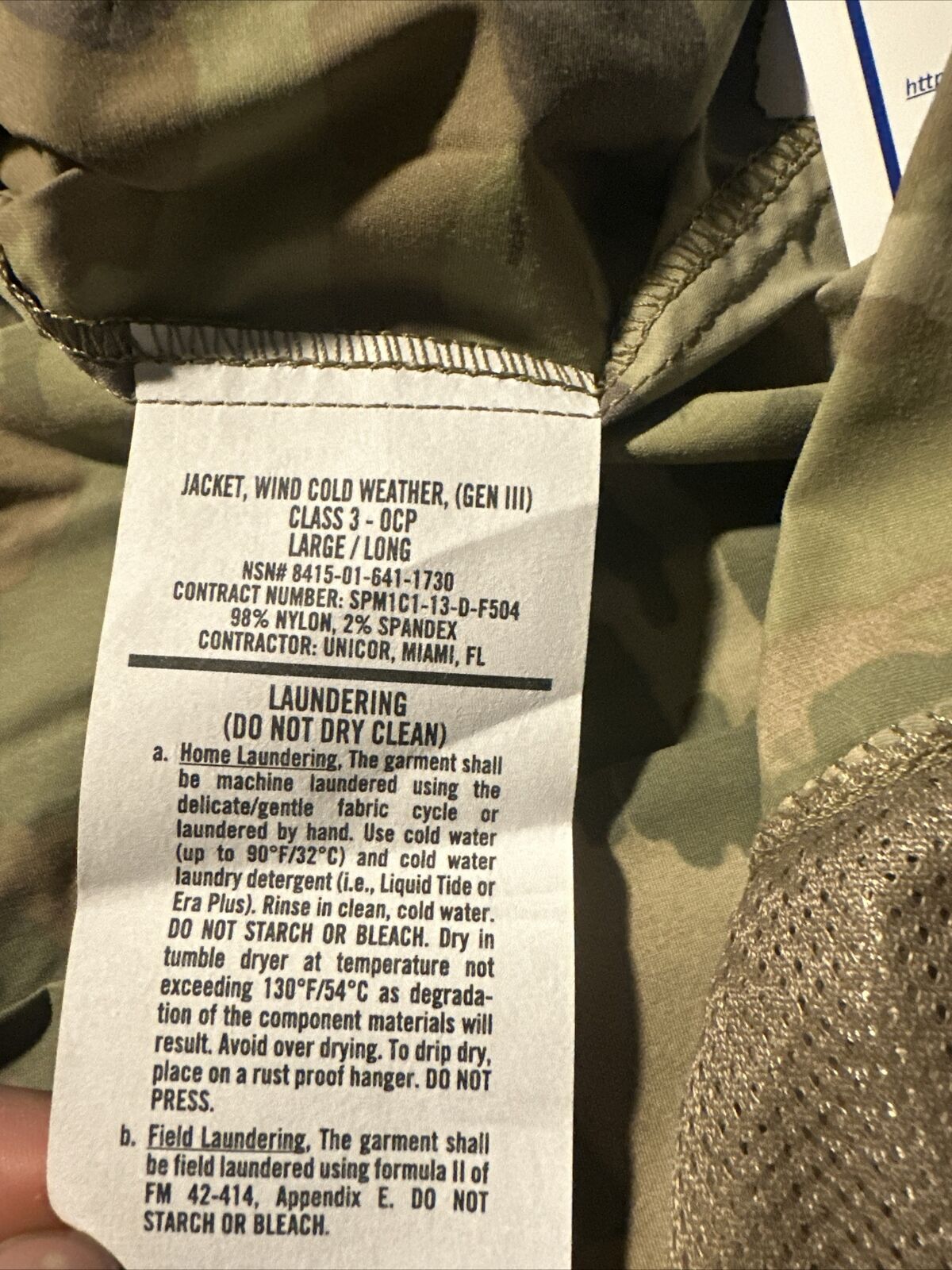 Jacket, Wind Cold Weather (GEN lll) Class 3 OCP LARGE/LONG