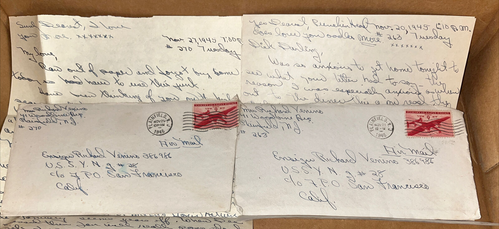 2 1945 Love Letters from Wife, Post WWII, US Navy Ensign Pearl Harbor Horoscope