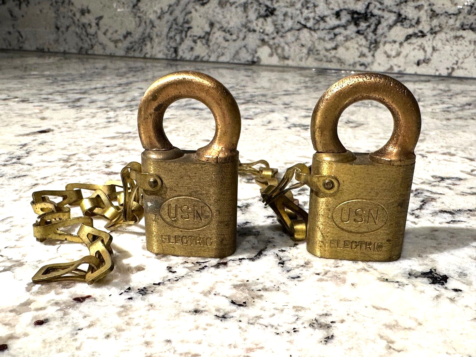 USN ELECTRIC Vintage Brass Locks w/Chain Corbin Cabinet Lock Co. USA Made Pair