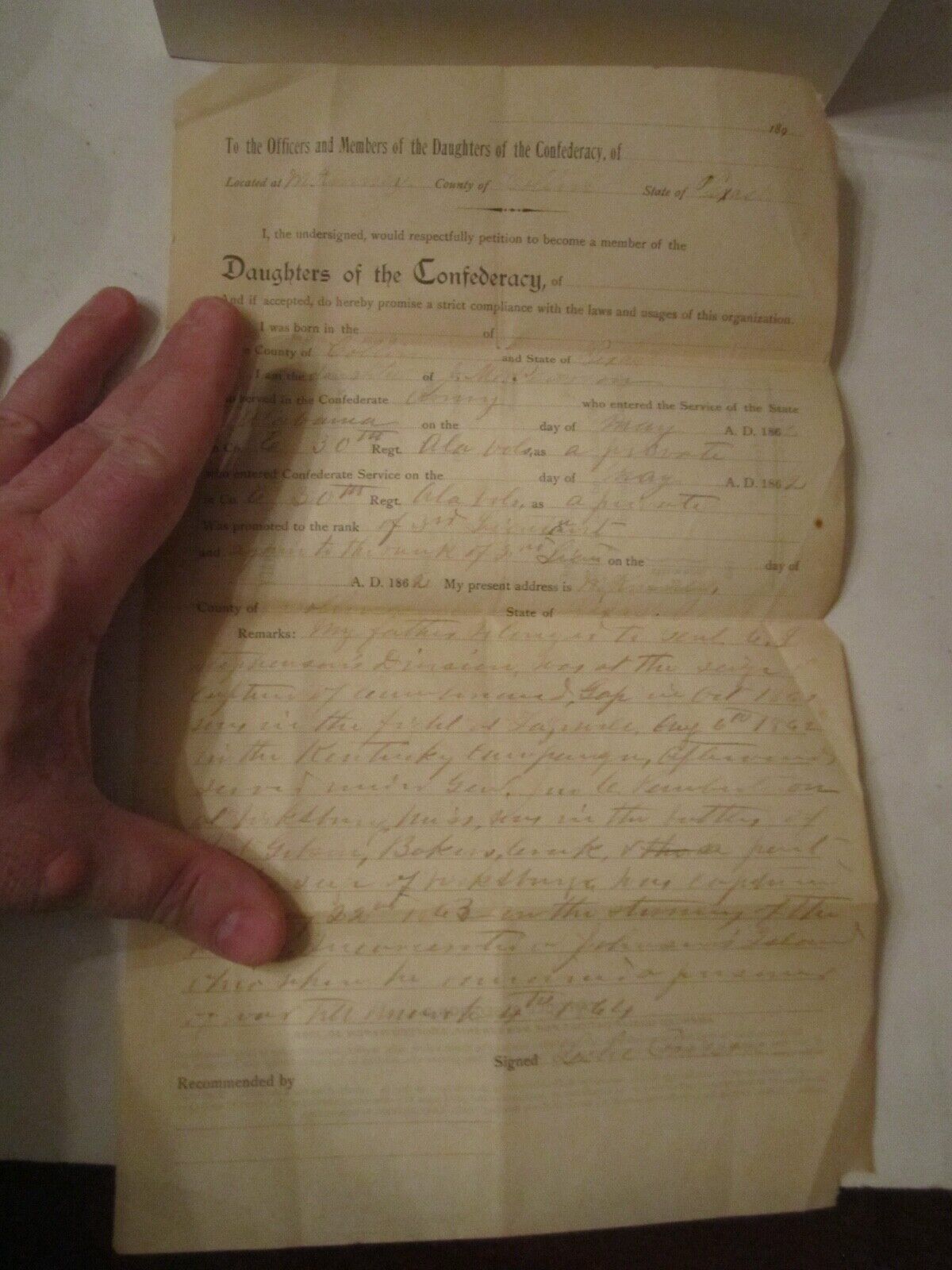 DAUGHTERS OF THE CONFEDERACY DOCUMENT - SIGNED & DATED - BN-5