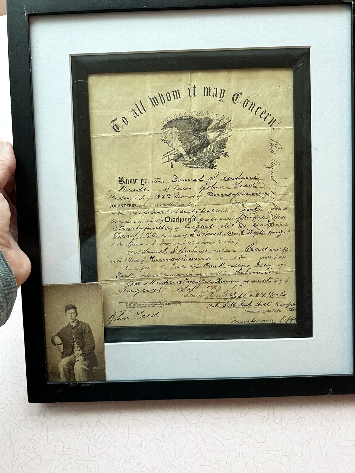 Official Military Discharge Document PA Volunteers 1875 