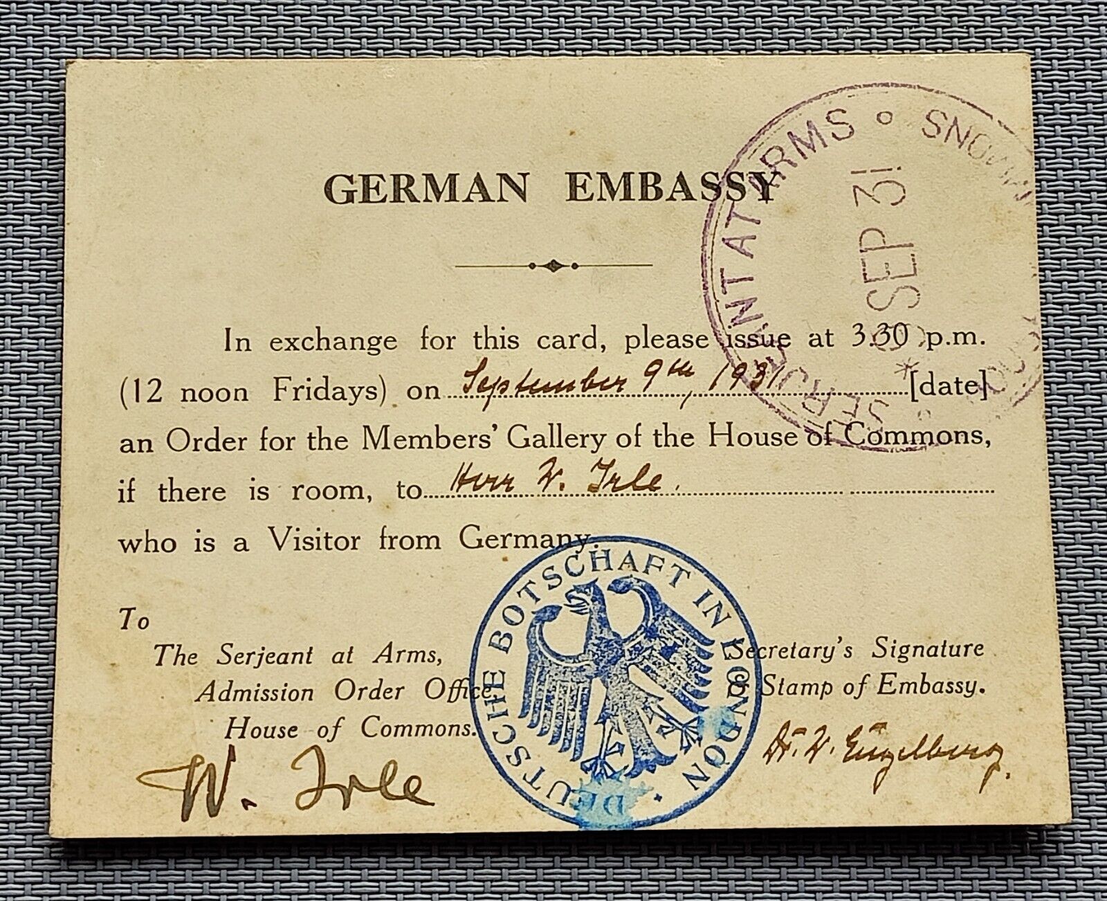 WW2 GERMAN document from the German embassy in London Rare