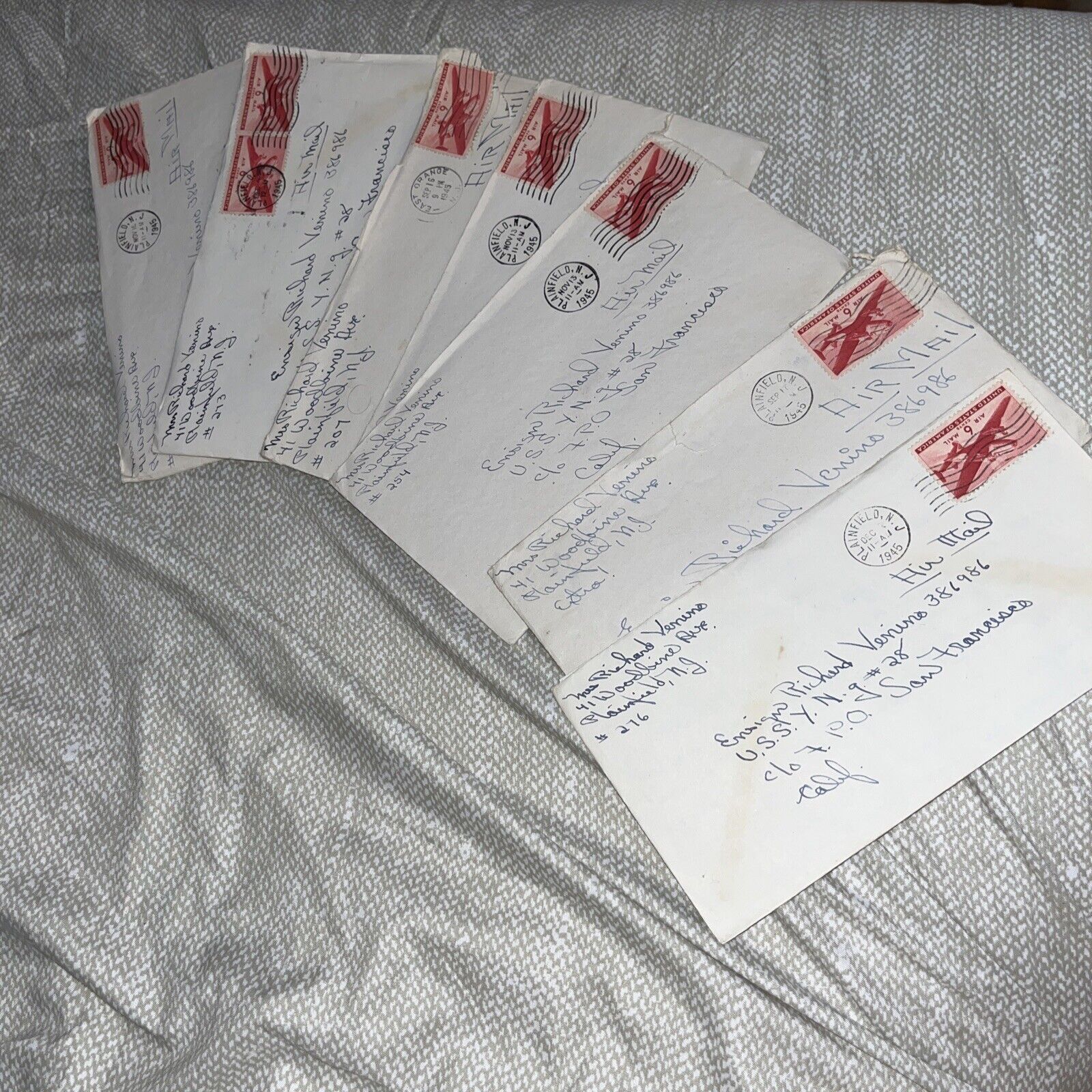Lot of 7 1945 NJ Navy Wife Love Letters to USS Nutmeg Ensign After War Ends WWII