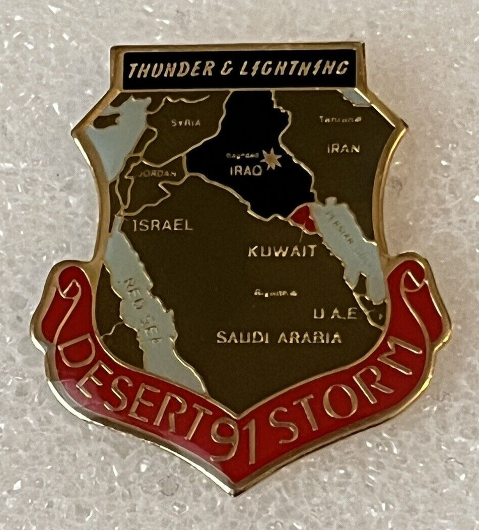 Vintage 1991 Desert Storm 91 Thunder And Lightning Lapel Hat Shield Military Pin