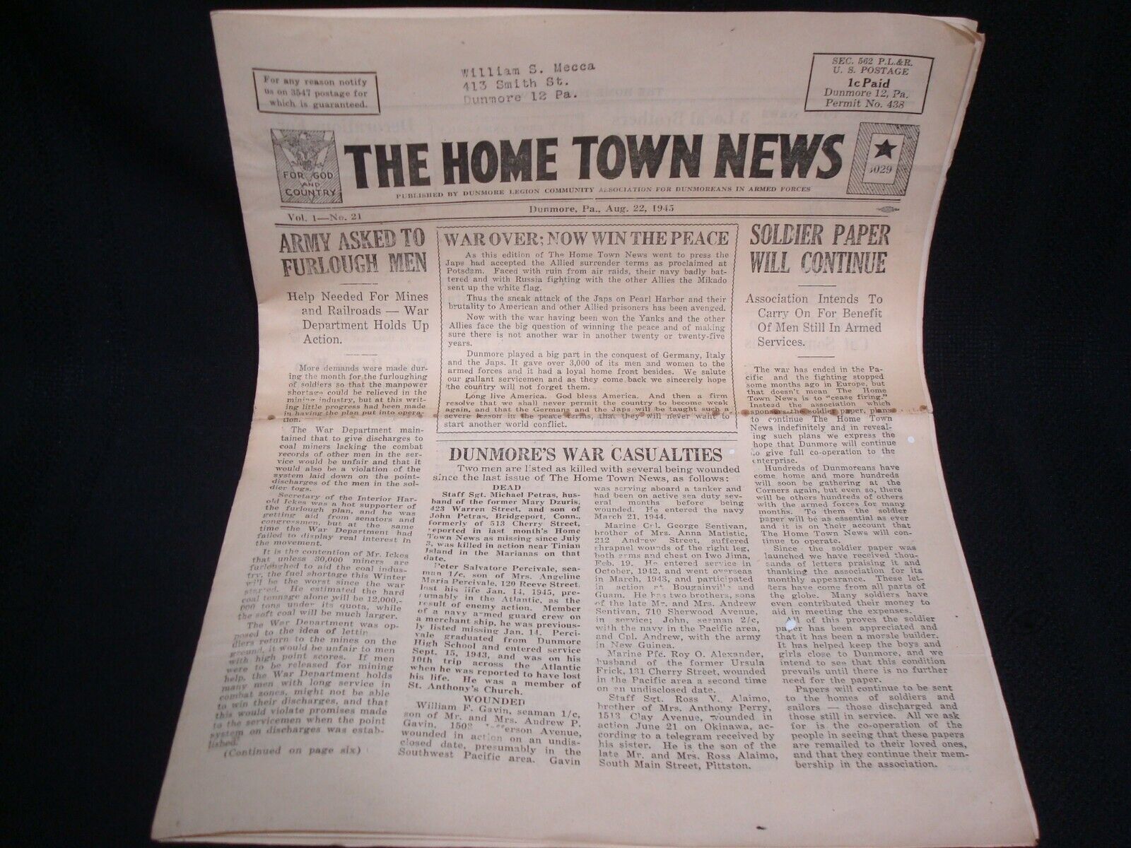 Vintage Newspaper August 22, 1945  The Home Town News Dunmore Pa.