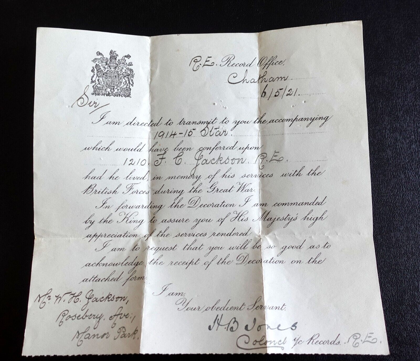 WWI Records Office Letter Original British Forces To Parent of Fallen Soldier