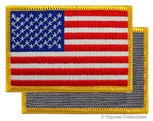 AMERICAN FLAG EMBROIDERED PATCH GOLD BORDER USA US w/ VELCRO® Brand Fastener