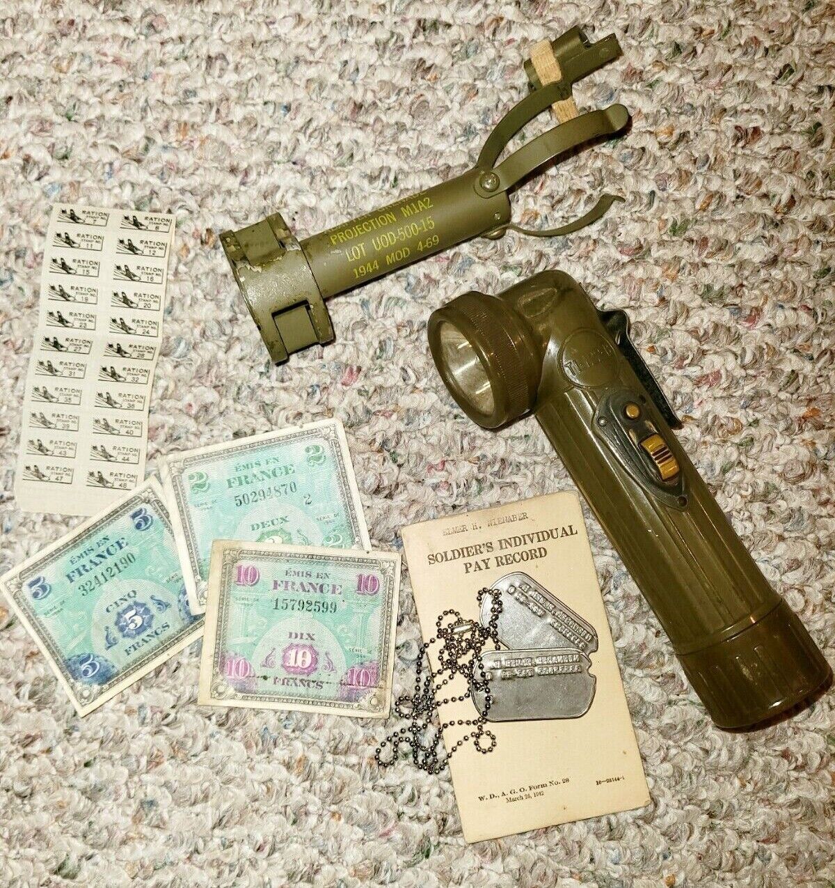 WWII Named soldiers personal items, dog tags, pay card,TL Light,European money, 