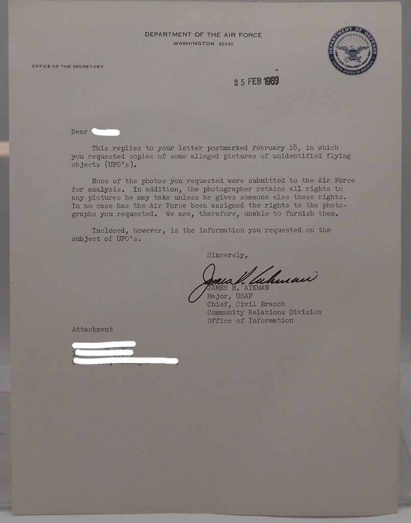 Vintage Correspondence US Air Force UFO Sighting 1969
