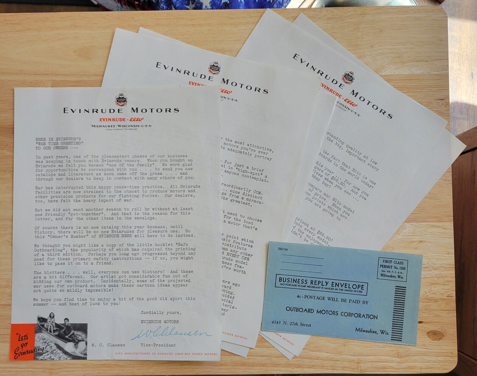 WWII 1940's Evinrude Elto Outboard Motors Letter Documents