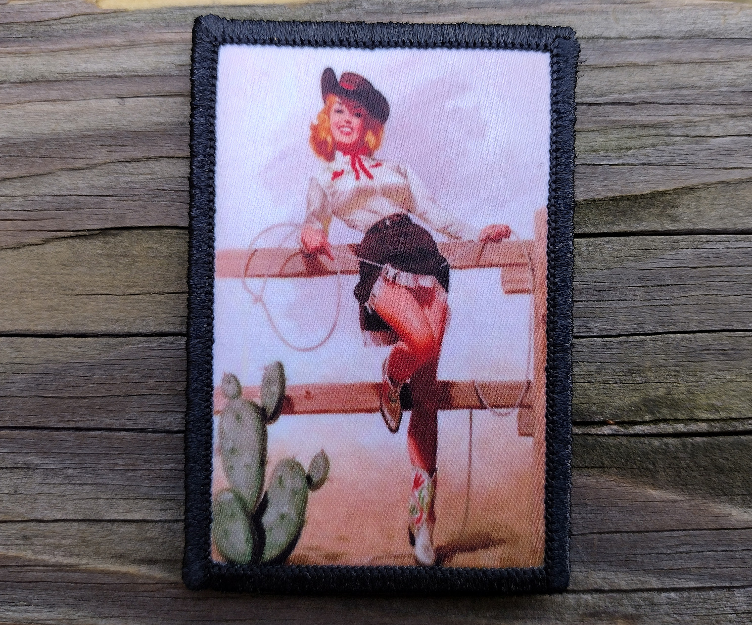 Vintage Pinup Girl Leaning On Fence Morale Patch Hook and Loop Cowgirl Army Sexy