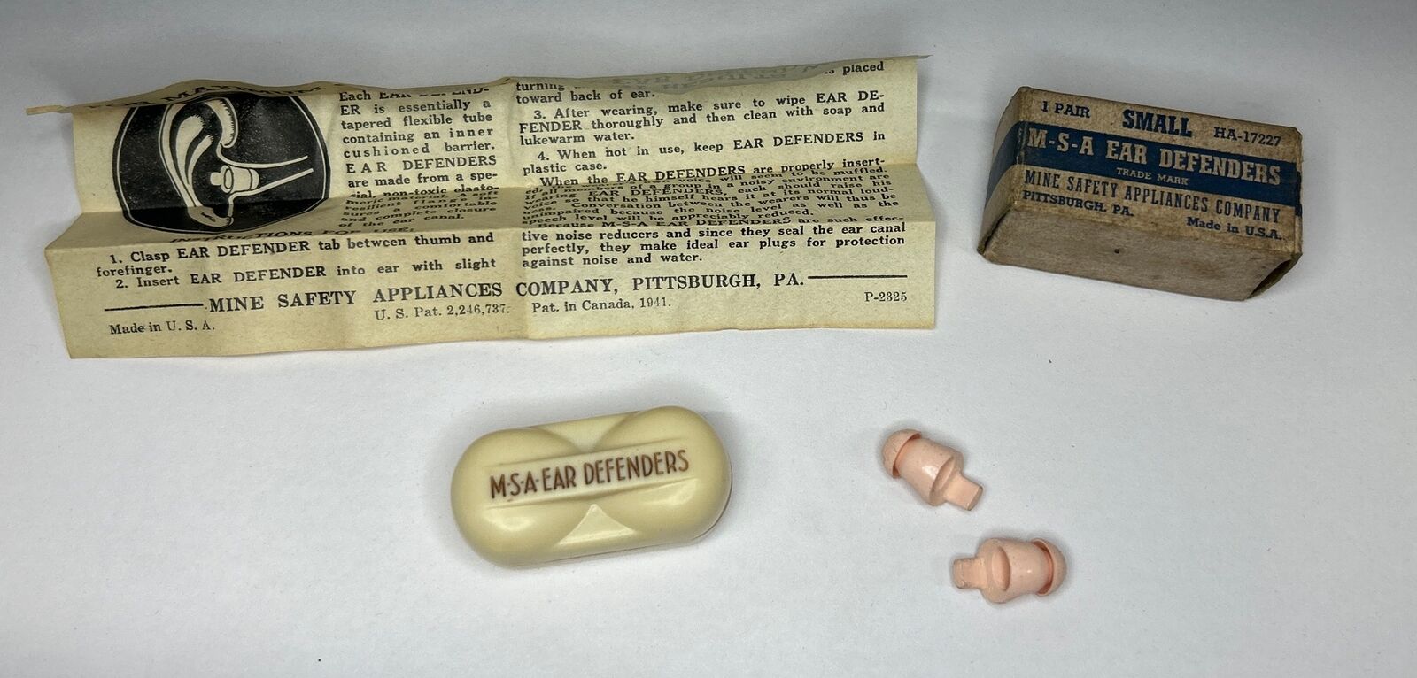 WW2 Era Ear Plugs Small Set Defenders M-S-A Cardboard Box, Manual, Plastic Case