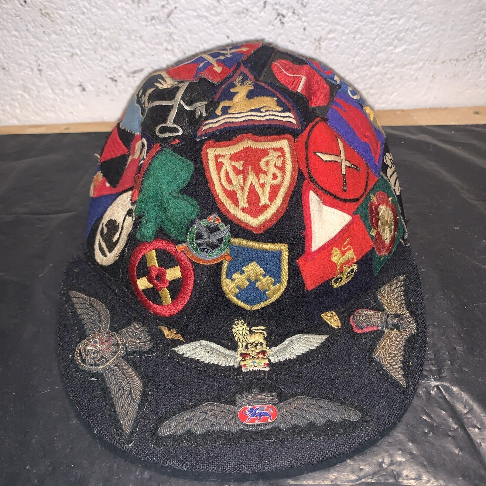 Vintage Military Cap Patchwork Army Badges WW2 Including Desert Rats, Navy Etc