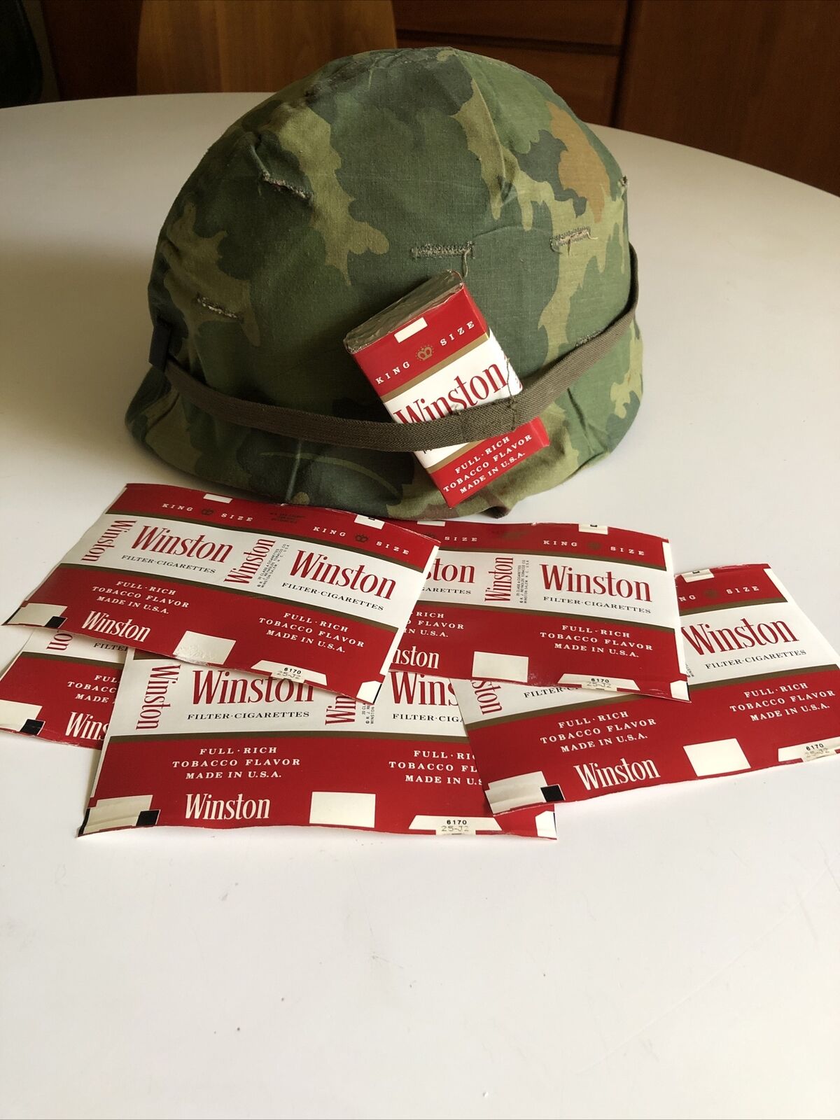 8 ORIGINAL Vietnam War Era 60’s WINSTON MILITARY Cigarette Pack Labels M1 Helmet