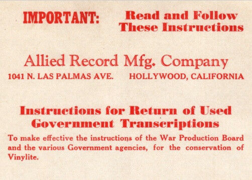 Hollywood California Vinylite Allied Record Company Government WWII 
