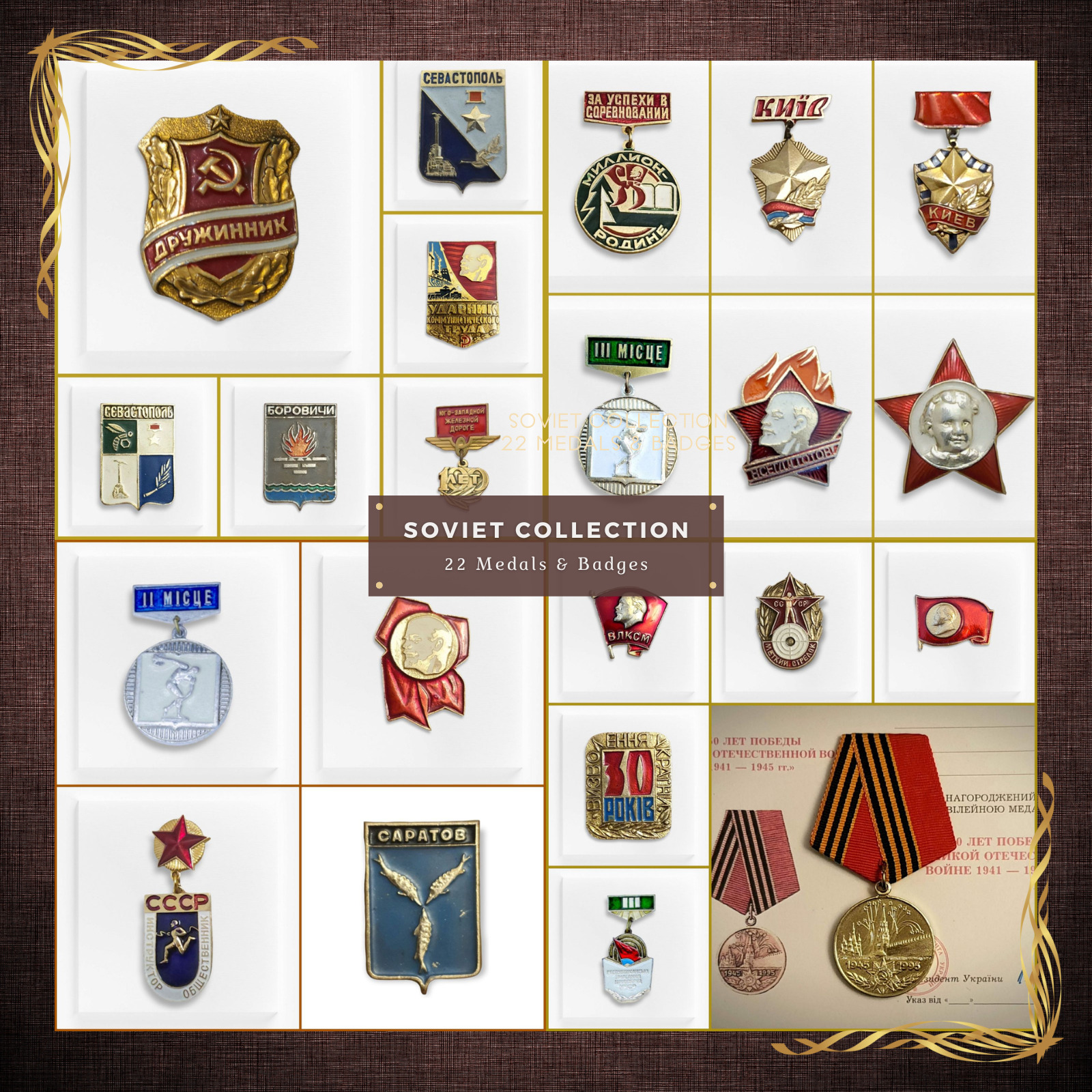 Set of 22 Soviet USSR Medals and badges + 1 sertificat 100% Original