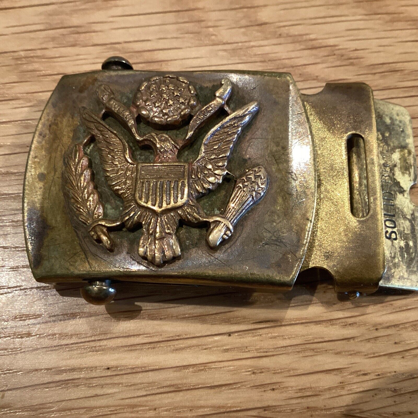 WWII US Army Enlisted Solid Brass Belt Buckle With Applied Eagle Vintage