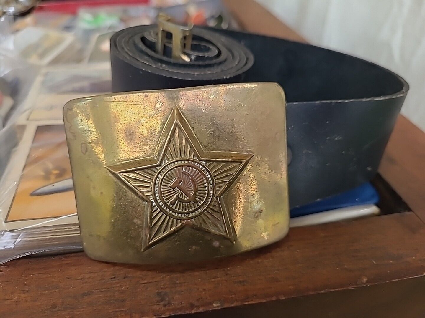 Soviet Russian Military Genuine Leather Belt Star Buckle Original Vintage