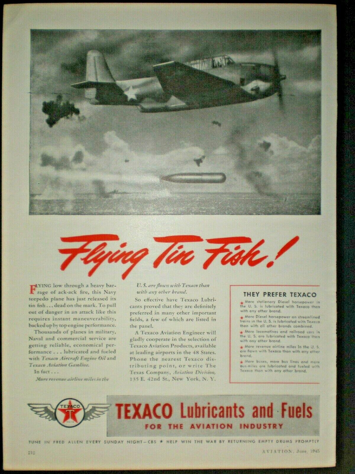 1943 NAVY PLANE FLYING TIN FISH TORPEDOES WWII vintage TEXACO Trade print ad