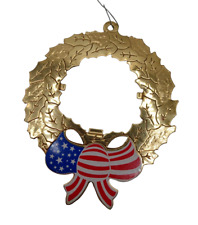Brass Enamel Red White Blue Patriotic Bow Ribbon Frame Wreath Christmas Ornament picture