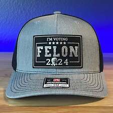 I'm Voting FELON Trump 2024 Rectangular Trucker Hat Leather Patch Hat Black/Silv picture