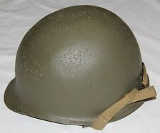 ORIGINAL WWII FRONT SEAM SWIVEL LOOP M1 HELMET W/ NEW CHINSTRAPS & CORKED PAINT picture