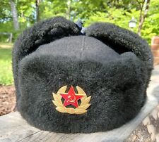Black Soviet Union USSR Ushanka Faux Fur Winter Military Hat w Ear Flaps Size 60 picture