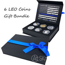 Police LEO Challenge Coin Lot Gift Pack w/ Thin Blue Line Ribbon 6 Coins Present picture