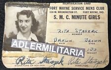 WWII US Army Base ID Card Fort Wayne Service Mens Club Rita Staszak SMC Minute picture