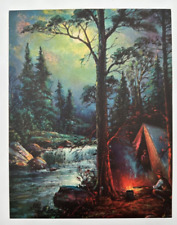 Reel Sport, Vintage 7x9 Landscape Print, River, Moonlight,Campfire,Campers picture