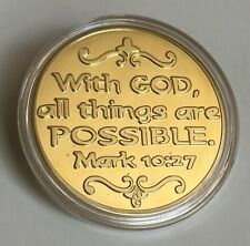 Gold Colored Challenge Coin- Cross-“With God All Things Are Possible”-Bible-New picture