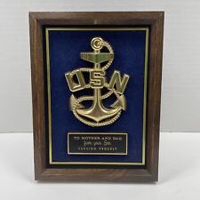 US Navy Military Brass Anchor Plaque On Velvet Covered Wood Board Vintage 8.5